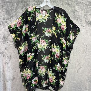 Try! This Women's S/M  Kimono Blouse Black & Pink Floral Semi Sheer Cardigan